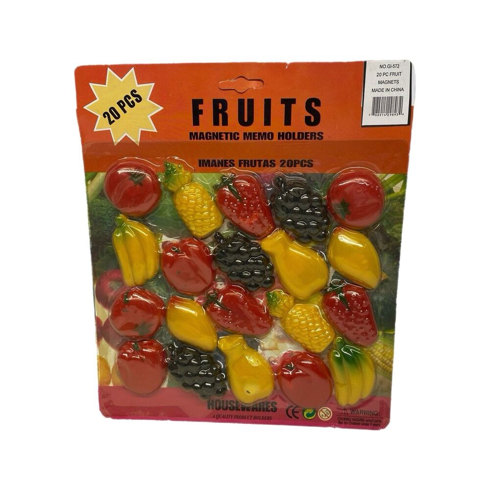 Vtg. Fruit Magnets 20pc Sealed NOS Retro 80/90s Refrigerator Plastic Memo Holder